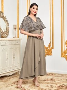 Al Najma Floral Embroidery Wrap Belted Dress - Khaki - View 4