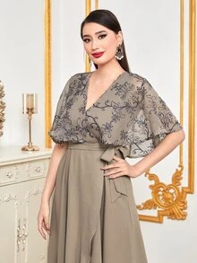 Al Najma Floral Embroidery Wrap Belted Dress - Khaki - View 5