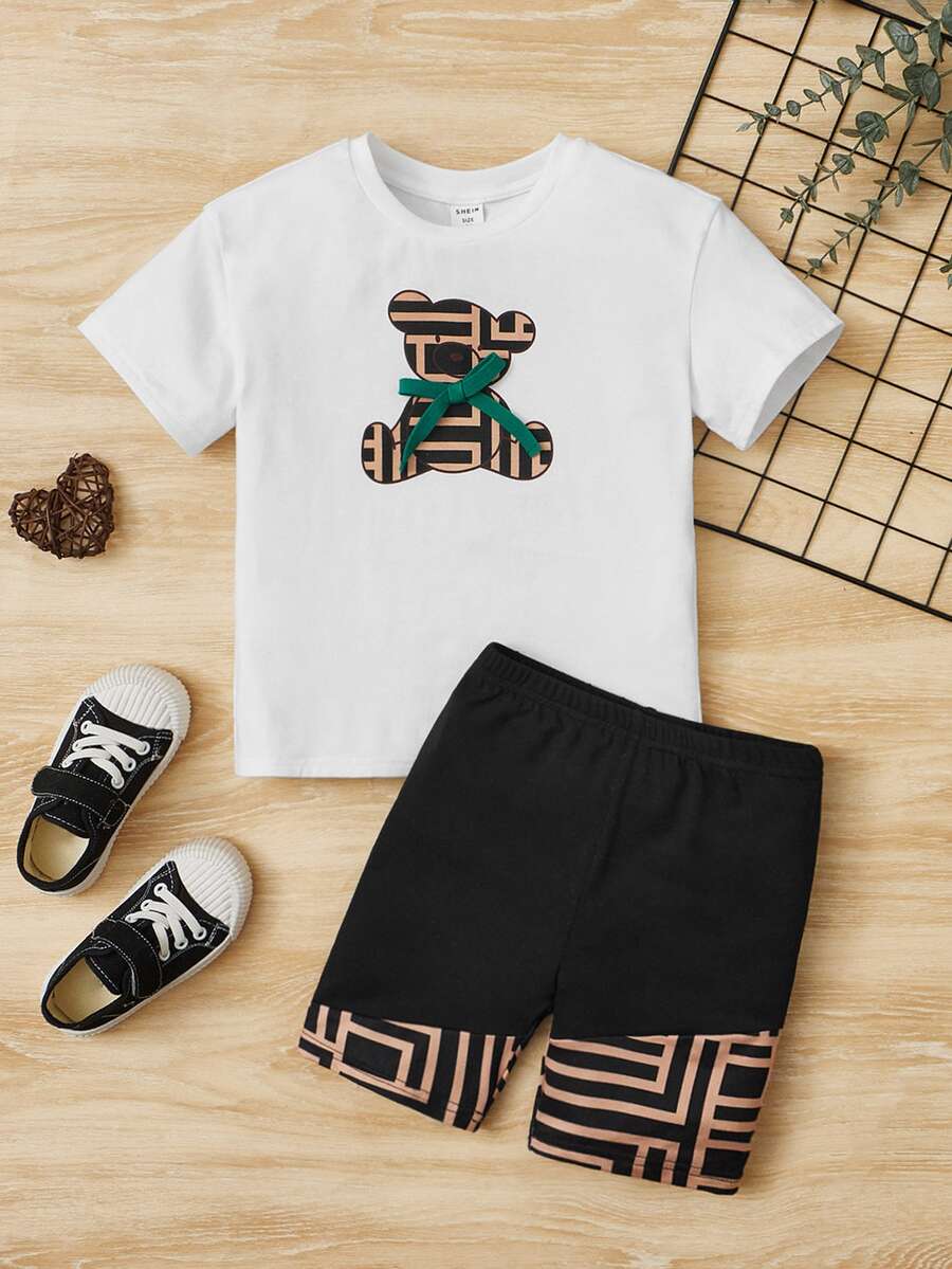 SHEIN 小女童小熊印花T恤和短褲 - 彩色 - 查看 1