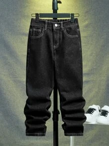 SHEIN 男孩頂針直筒牛仔褲 - 黑色 - 查看 1