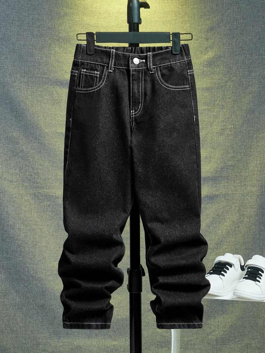 SHEIN 男孩頂針直筒牛仔褲 - 黑色 - 查看 1