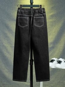 SHEIN 男孩頂針直筒牛仔褲 - 黑色 - 查看 2