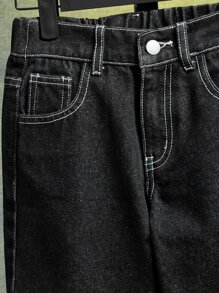 SHEIN 男孩頂針直筒牛仔褲 - 黑色 - 查看 4