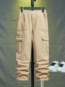 SHEIN Cậu bé Tween Túi có nắp Quần jean chở hàng - Màu Khaki - Xem 1