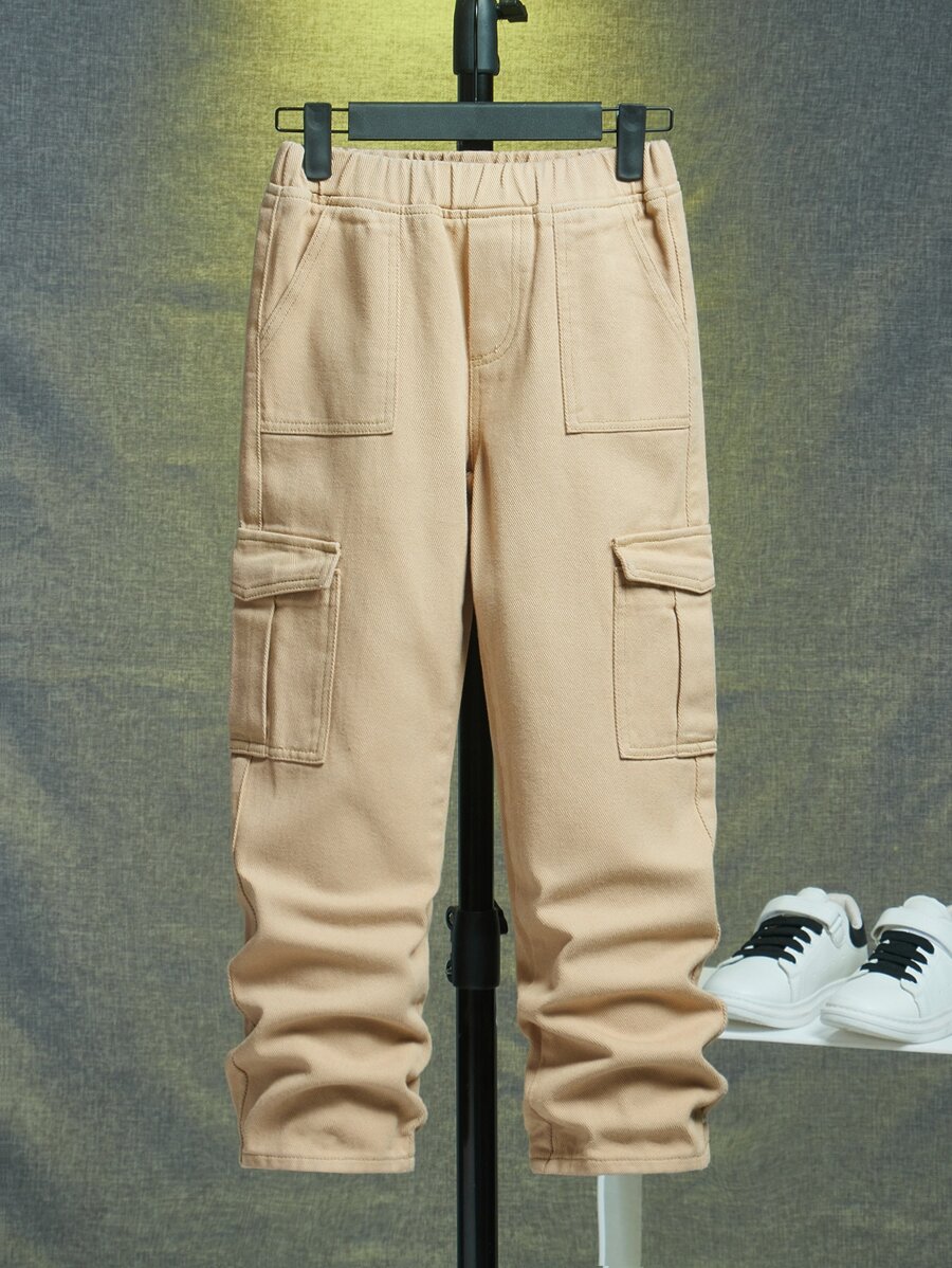 SHEIN Cậu bé Tween Túi có nắp Quần jean chở hàng - Màu Khaki - Xem 1