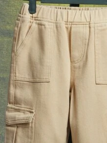 SHEIN Cậu bé Tween Túi có nắp Quần jean chở hàng - Màu Khaki - Xem 3