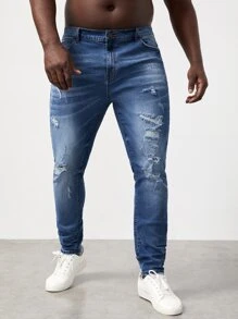 GENTILAND Men Plus Cotton Slant Pocket Ripped Jeans - Medium Wash - View 8