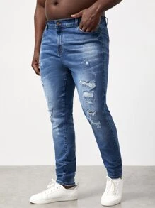 GENTILAND Men Plus Cotton Slant Pocket Ripped Jeans - Medium Wash - View 5