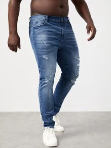 GENTILAND Men Plus Cotton Slant Pocket Ripped Jeans - Medium Wash - View 6