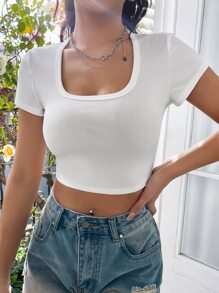 SHEIN EZwear 大圓領短款T恤