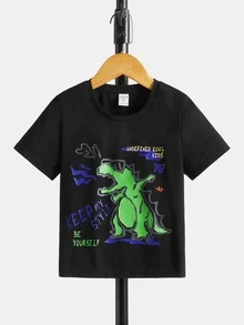 SHEIN Toddler Boys Dinosaur & Slogan Graphic Tee - Black - View 2