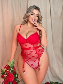 Plus Heart Print Mesh Garter Lingerie Set - Red - View 4