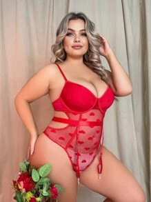 Plus Heart Print Mesh Garter Lingerie Set - Red - View 5