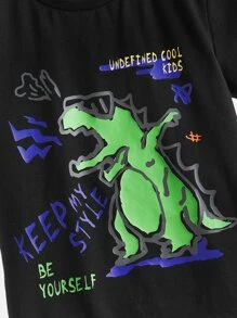 SHEIN Toddler Boys Dinosaur & Slogan Graphic Tee - Black - View 4