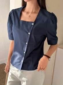 DAZY Áo sơ mi nữ Nút phía trước màu trơn Giải trí - Màu xanh hải quân - Xem 4