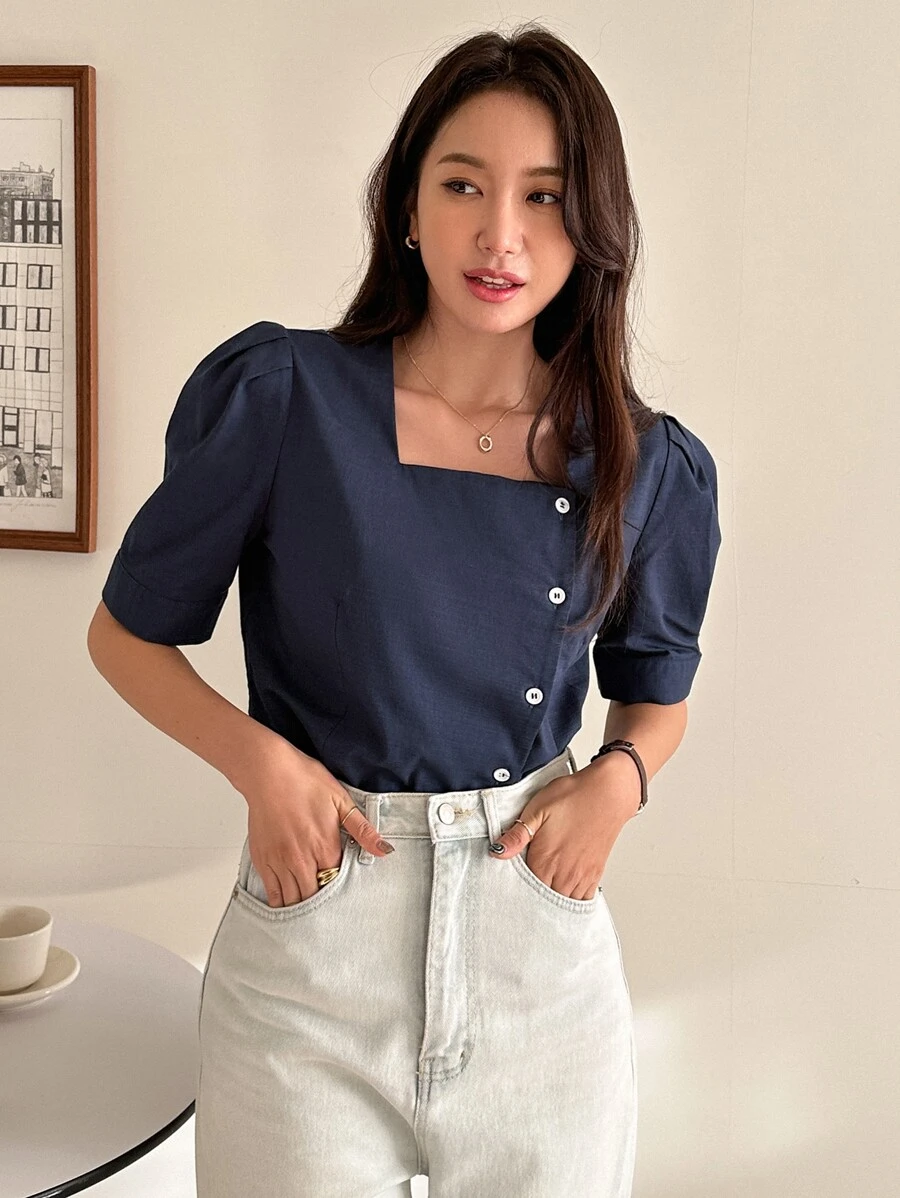 DAZY Áo sơ mi nữ Nút phía trước màu trơn Giải trí - Màu xanh hải quân - Xem 1
