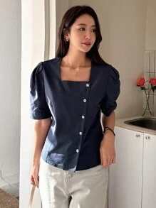 DAZY Áo sơ mi nữ Nút phía trước màu trơn Giải trí - Màu xanh hải quân - Xem 6