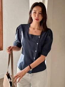 DAZY Áo sơ mi nữ Nút phía trước màu trơn Giải trí - Màu xanh hải quân - Xem 7