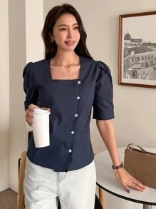 DAZY Áo sơ mi nữ Nút phía trước màu trơn Giải trí - Màu xanh hải quân - Xem 8