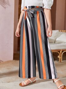 SHEIN Girls Polka Dot & Striped Print Belted Wide Leg Pants - Multicolor - View 1