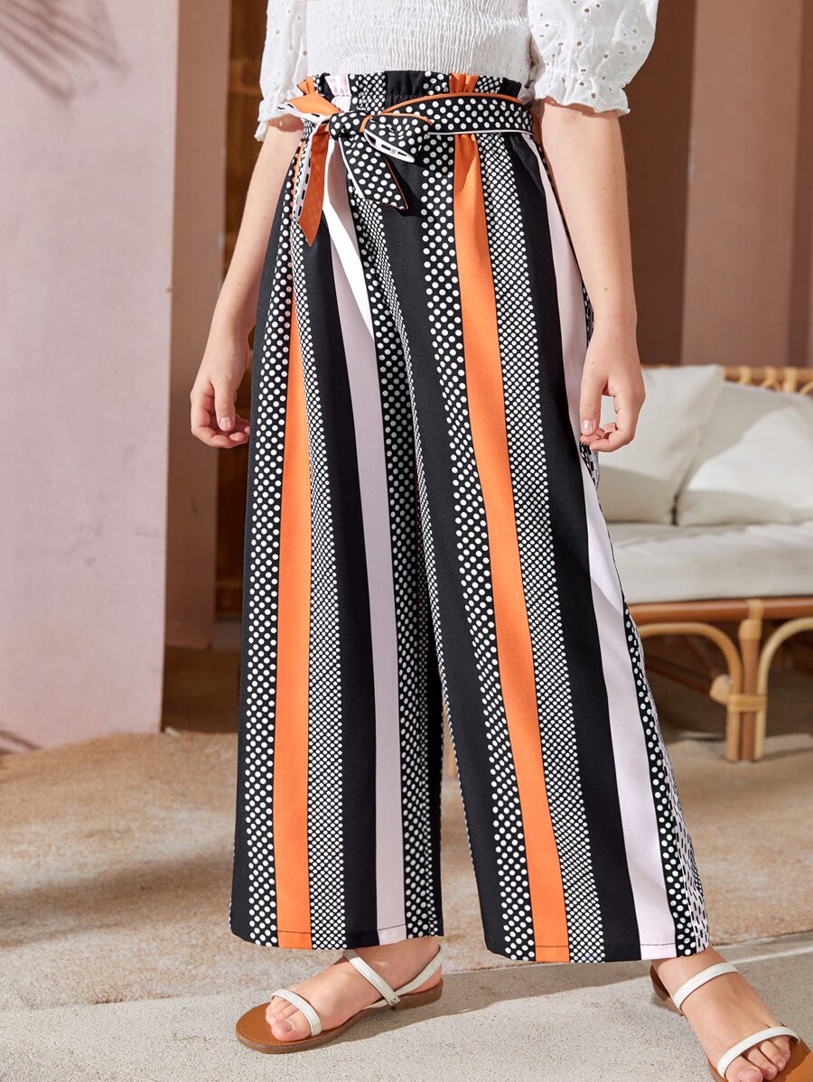SHEIN Girls Polka Dot & Striped Print Belted Wide Leg Pants - Multicolor - View 1