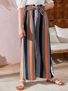 SHEIN Girls Polka Dot & Striped Print Belted Wide Leg Pants - Multicolor - View 3