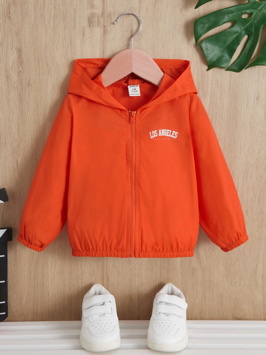 SHEIN Baby Boy Letter Graphic Zip Up Hooded Sun Proof Jacket - Orange - View 1