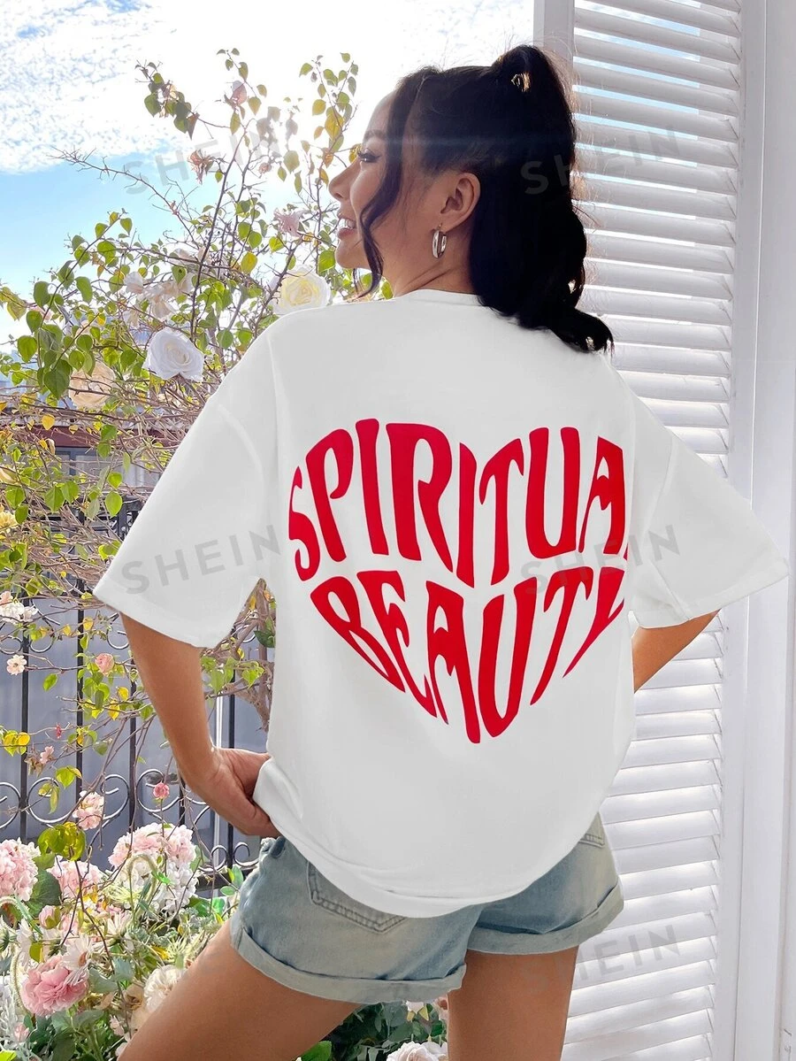 SHEIN EZwear Tricou grafic cu umăr căzut cu slogan