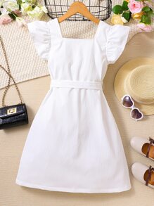 SHEIN Vintaside Kids 青少年女孩荷叶边饰纽扣前腰带连衣裙，假日，夏季，旅行