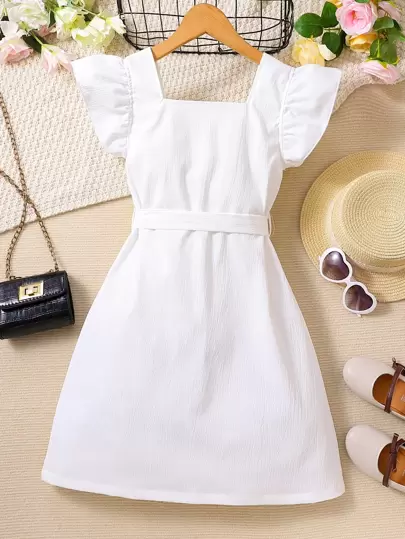 SHEIN Vintaside Kids Tween Girl Ruffle Trim Button Front Belted Dress,Holiday,Summer,Travel