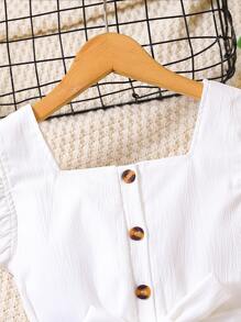 SHEIN Vintaside Kids 青少年女孩荷叶边饰纽扣前腰带连衣裙，假日，夏季，旅行