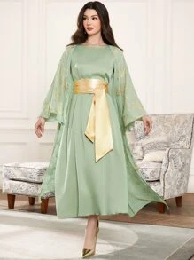 Al Najma 印花蝙蝠袖外套和繫腰帶洋裝 - 薄荷綠 - 查看 1