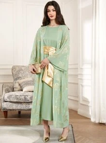 Al Najma 印花蝙蝠袖外套和繫腰帶洋裝 - 薄荷綠 - 查看 6