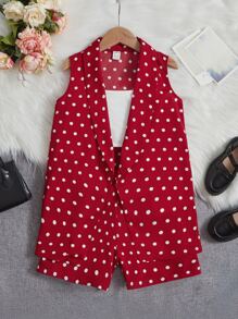 SHEIN 女孩波點圖案開門襟外套和短褲 - 酒紅色 - 查看 1