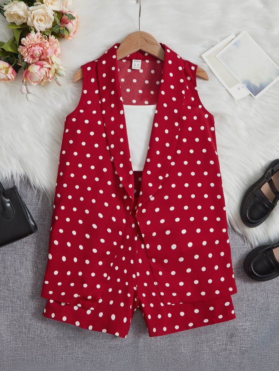 SHEIN 女孩波點圖案開門襟外套和短褲 - 酒紅色 - 查看 1