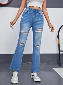 Ripped Frayed Flare Leg Jeans - Medium Wash - View 4