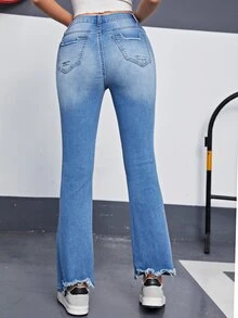 Ripped Frayed Flare Leg Jeans - Medium Wash - View 2