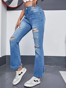Ripped Frayed Flare Leg Jeans - Medium Wash - View 3
