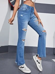 Ripped Frayed Flare Leg Jeans - Medium Wash - View 5