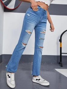 Ripped Frayed Flare Leg Jeans - Medium Wash - View 6
