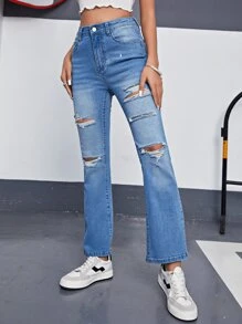 Ripped Frayed Flare Leg Jeans - Medium Wash - View 1