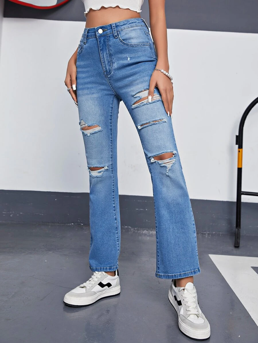 Ripped Frayed Flare Leg Jeans - Medium Wash - View 1