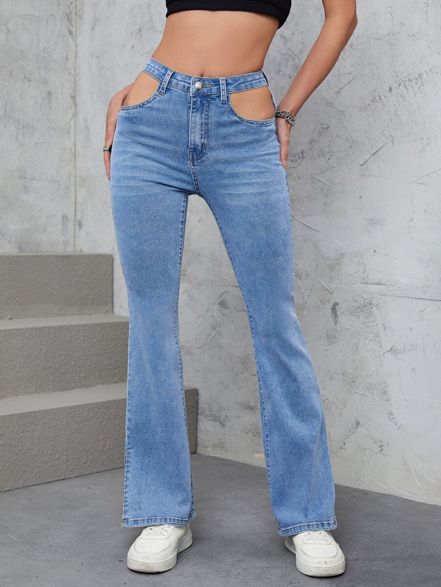 Cut Out Flare Leg Jeans - Light Wash - View 1