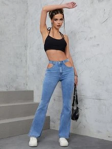Cut Out Flare Leg Jeans - Light Wash - View 4