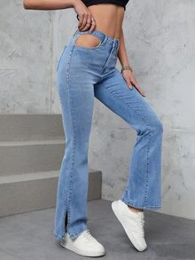 Cut Out Flare Leg Jeans - Light Wash - View 6