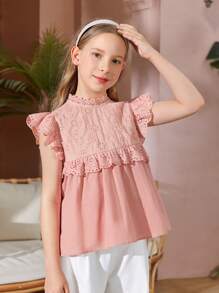 SHEIN Girls Ruffle Trim Keyhole Back Blouse - Coral Pink - View 1