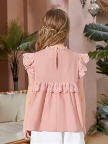 SHEIN Girls Ruffle Trim Keyhole Back Blouse - Coral Pink - View 2