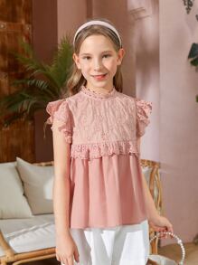 SHEIN Girls Ruffle Trim Keyhole Back Blouse - Coral Pink - View 4