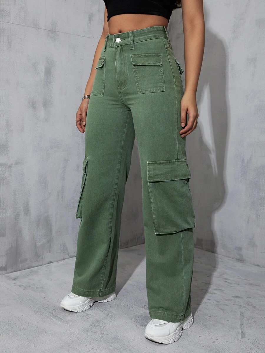 Flap Pocket Cargo Jeans - Green - View 1