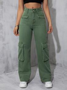 Flap Pocket Cargo Jeans - Green - View 3